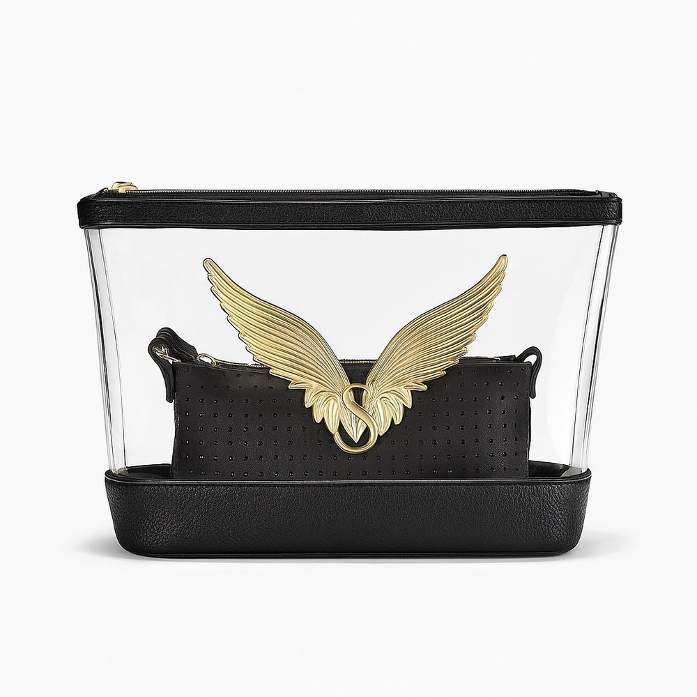 Victoria’s Secret Black and Gold Winged Clear Cosmetic Bag & small black bag NWT - Picture 1 of 1